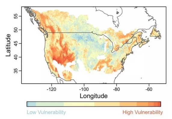 显示美国黄莺种群基因组脆弱性的地图